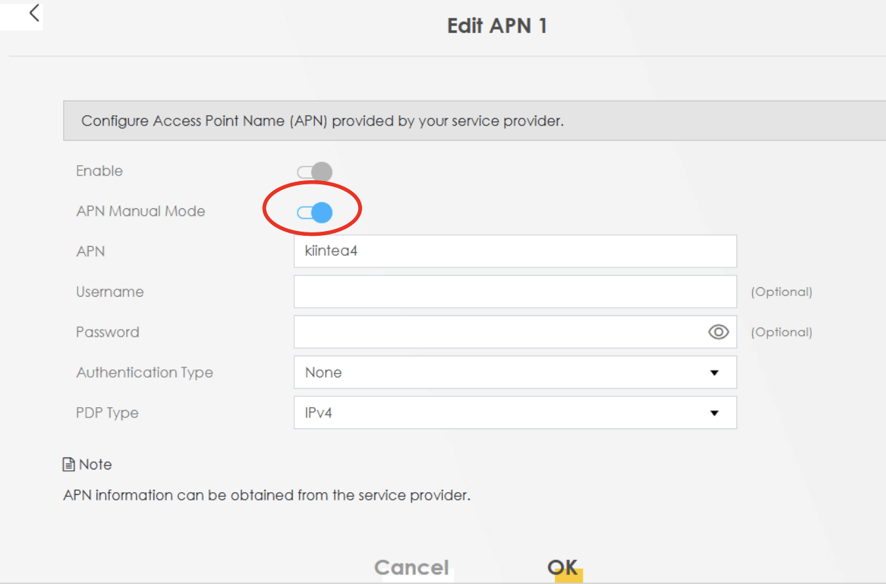 Kuva hallintaliittymän APN asetuksesta